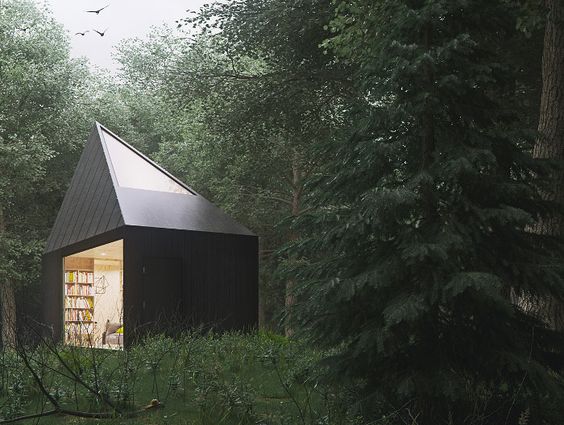 Tiny black angular cabin