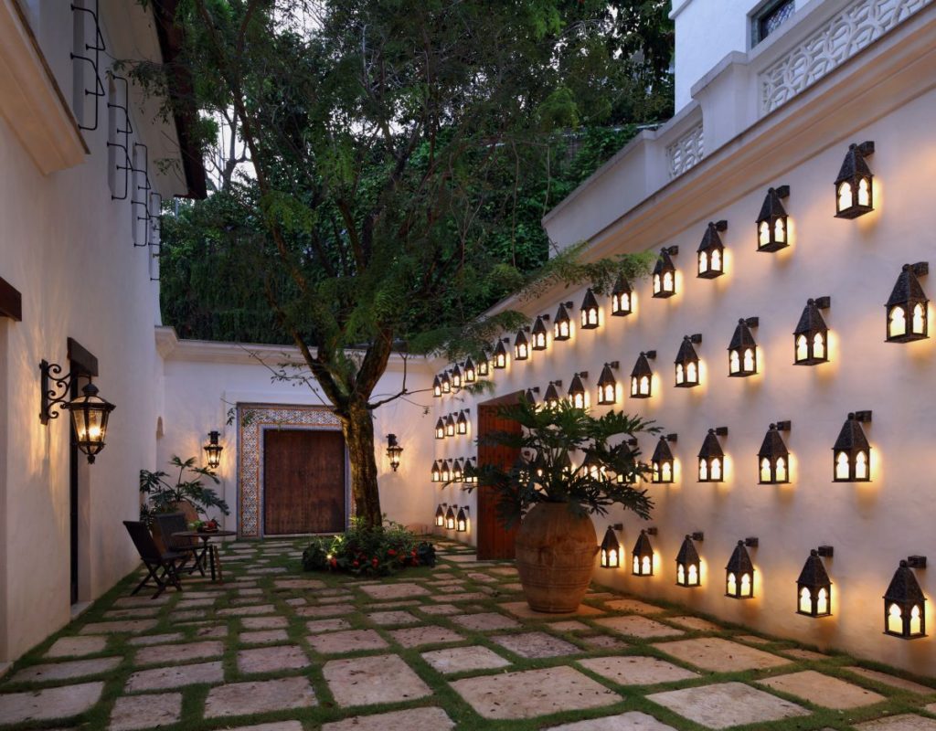 cozy wall of lanterns courtyard